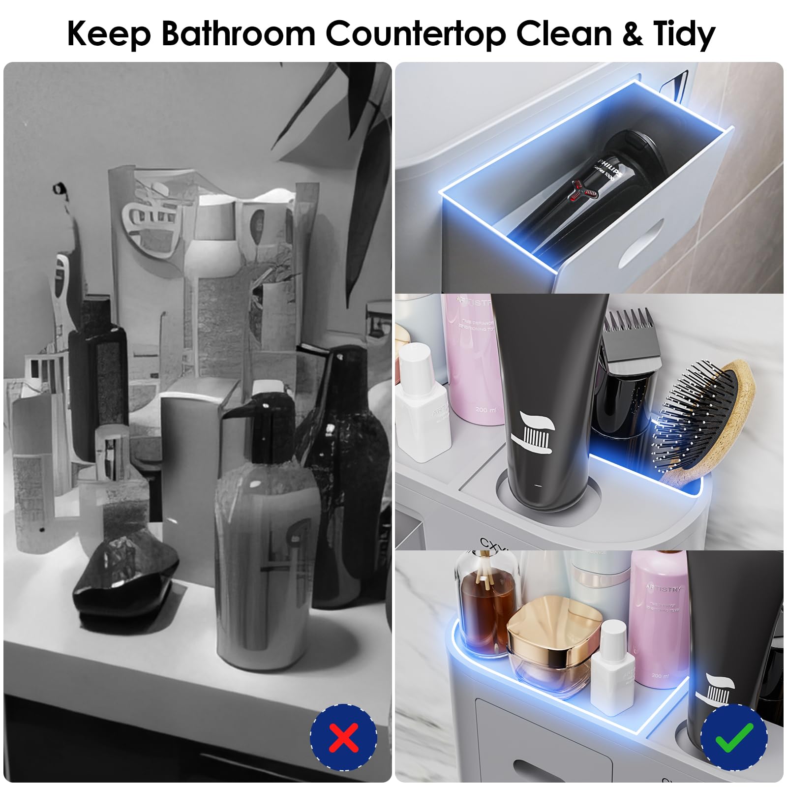 CXYHMG Toothbrush Holders for Bathroom, with Automatic Toothpaste Squeezer Dispenser, is Wall Mounted Bathroom Accessories Organizer, for Kids & Family Shower Decor. (Grey 2 Cups)