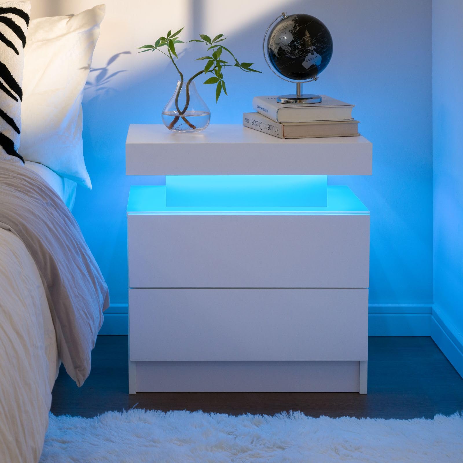 Cubehom White Nightstand Set of 2 LED Night Stand for Bedroom White Modern LED Bedside Table with 2 Drawers End Side Table