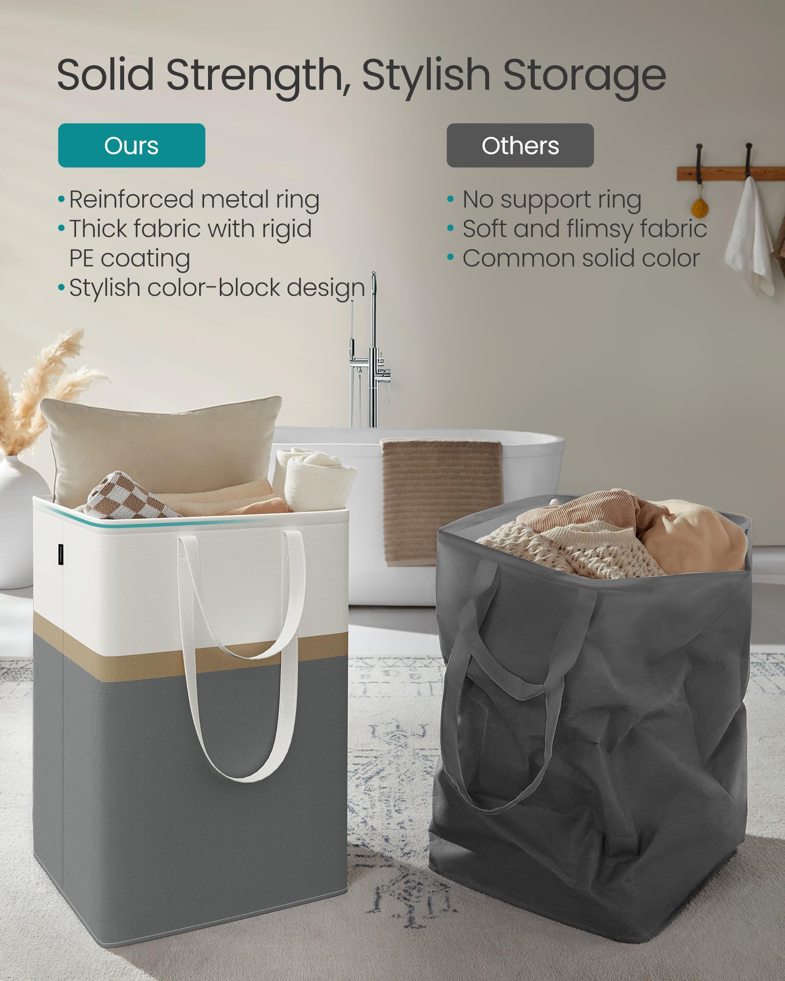 SONGMICS Set of 2 Laundry Hamper, 110 L Foldable Laundry Basket, Laundry Bag with Short and Long Handles, Easy to Transport and Clean, Freestanding, for Bedroom, Bathroom, Slate Gray ULCB210G01