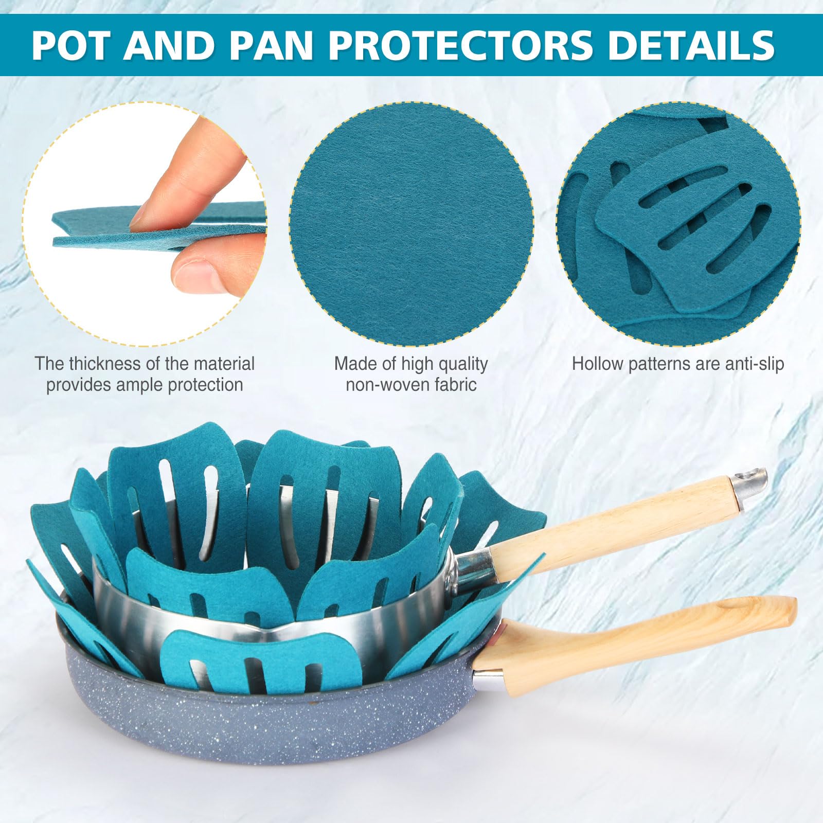 Nuogo 30 Pieces Pot and Pan Protectors, 5 Different Size, Max 16" D, Pan Protector Pads Pot Separators for Stacking, Anti Slip Non Woven Pan Dividers, Avoid Scratching or Marring When Stacking, Teal