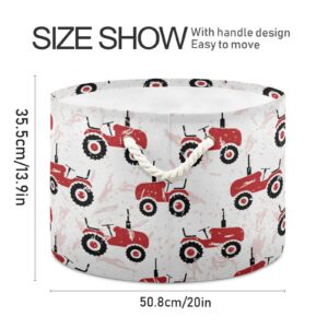 Red Old Wheeled Tractors Round Collapsible Waterproof Storage Bin with Sturdy Handle Decorations for Gift Gift Toys