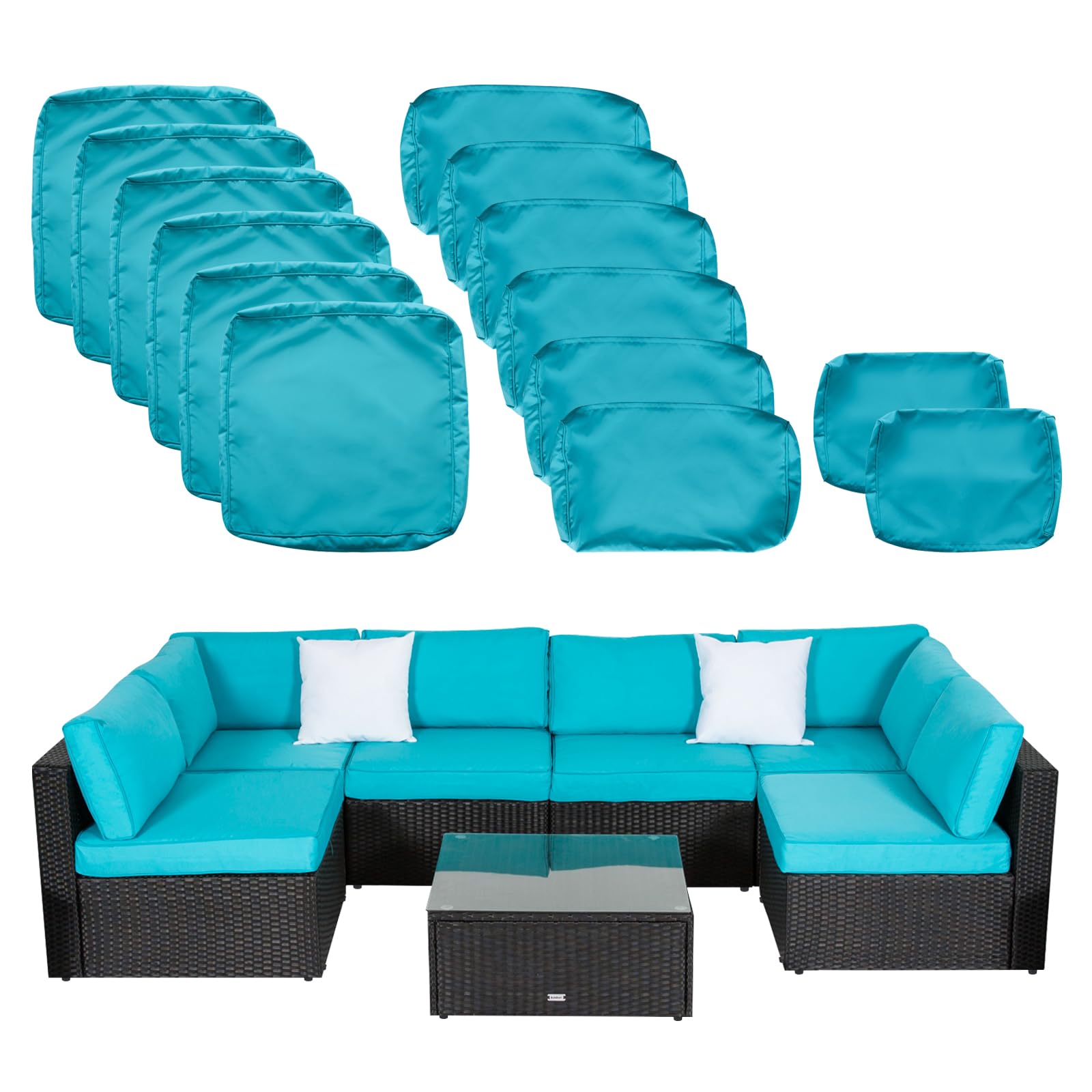 Kinsunny Outdoor Cushion Covers for Patio Furniture 7 Piece Set, Replacement Cushion Slipcovers for Rattan Sectional Couch, Patio Seat Covers with Zipper, Water Resissant, Only Cover, Turquoise