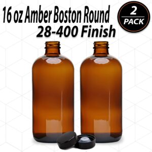 (2 Pack) - 16 oz Amber Glass Boston Round Bottles with Black 28-400 Airtight Phenolic Polycone Caps - Perfect Glass Containers for Secondary Fermentation, Storing condiment, Homemade Essential Oils