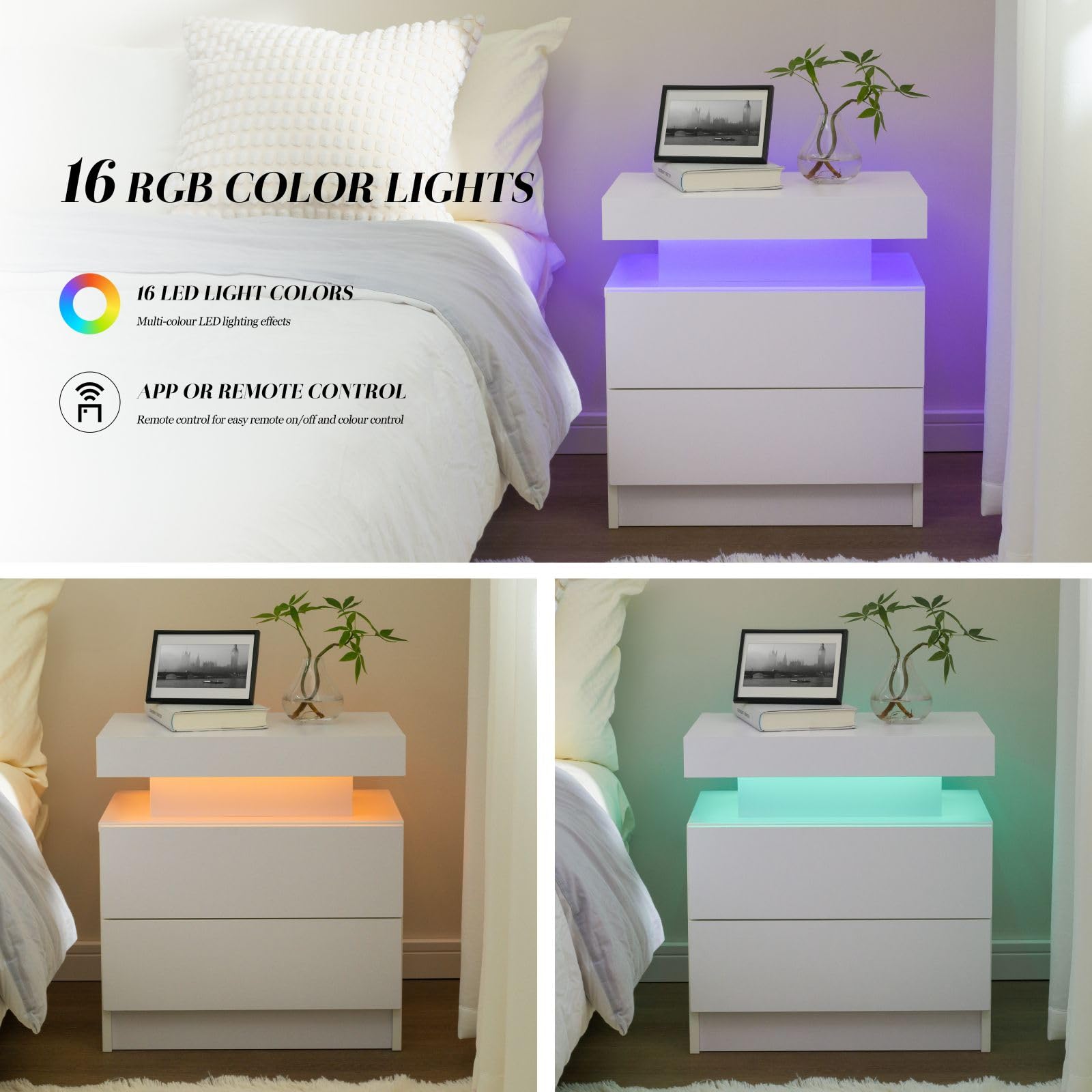 Cubehom White Nightstand Set of 2 LED Night Stand for Bedroom White Modern LED Bedside Table with 2 Drawers End Side Table