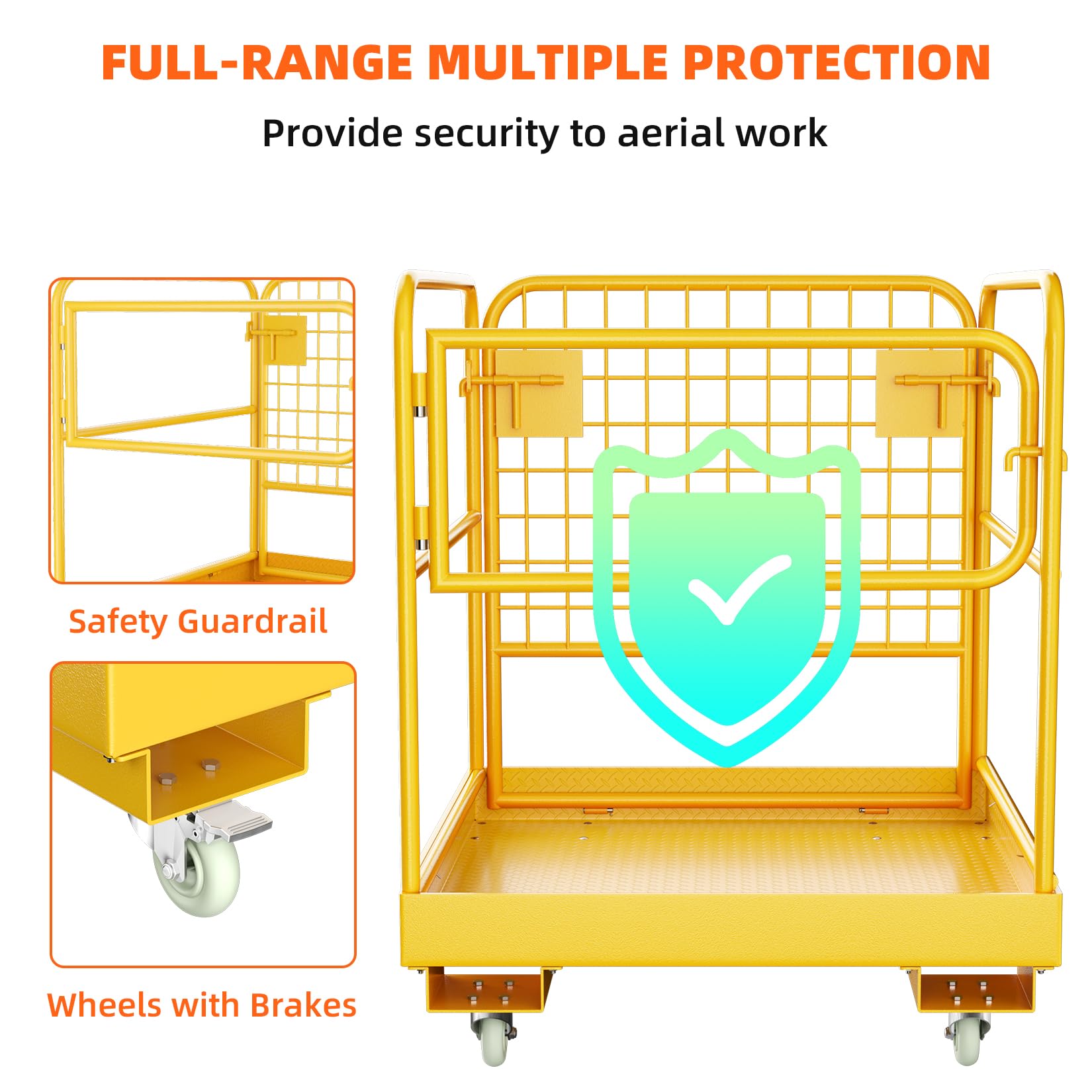 Forklift Safety Cage 36x36 Inches 1200LBS Capacity with 4 Wheels Forklift Work Platform Aerial Platform Collapsible Lift Basket Aerial Rails for Lifting Loader