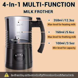 Milk Frother, 4-in-1 Milk Steamer, 11.8oz/350ml Hot and Cold Foam Maker and Milk Warmer, 400W, Auto Shut-Off, Foaming for Coffee, Latte, Cappuccino, Hot Chocolate (Black)