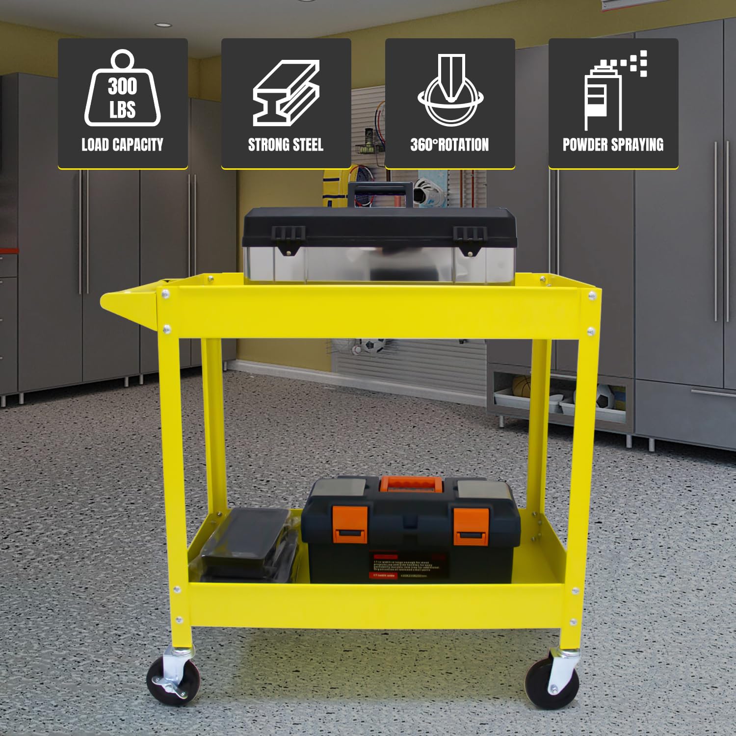 Generic 2 Tier Utility Service Cart 300 lbs, Steel Rolling Tool Cart on Wheels,Load Capacity for Mechanic Garage Warehouse Workshop & Repair Shop,Yellow