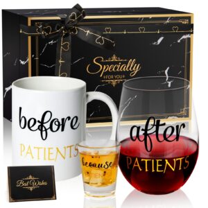 before patients after patients because patients gift set 11 oz coffee mug 18 oz stemless wine glass and 2 oz shot glass for dentist doctors unique nurses day valentines graduation gifts (black)