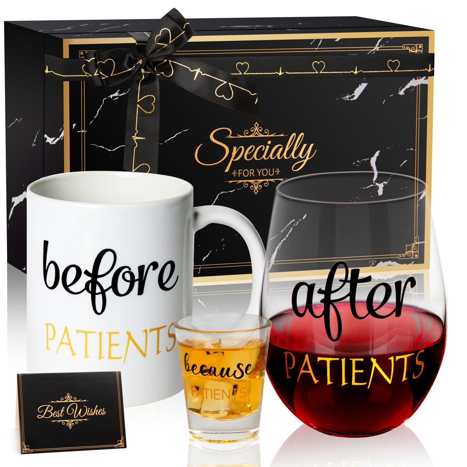 Before Patients After Patients Because Patients Gift Set 11 oz Coffee Mug 18 oz Stemless Wine Glass and 2 oz Shot Glass for Dentist Doctors Unique Nurses Day Valentines Graduation Gifts (Black)