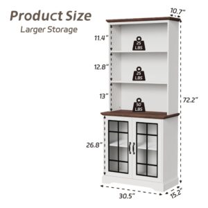 Bevfint 72" Tall Bookcase, White and Brown Design Large Floor Standing Bookshelf, 5 Tier Shelves with Door Storage Cabinet for Living Room Hallway Kitchen Home Office Bedroom, with Glass Door - 5 Tier