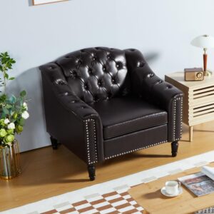 LEVNARY Chesterfield Chair Leather, Upholstered Sofa Chair with High Back, Mid-Century Modern Armchair with Solid Wood Legs, Single Couches for Living Room (Brown)