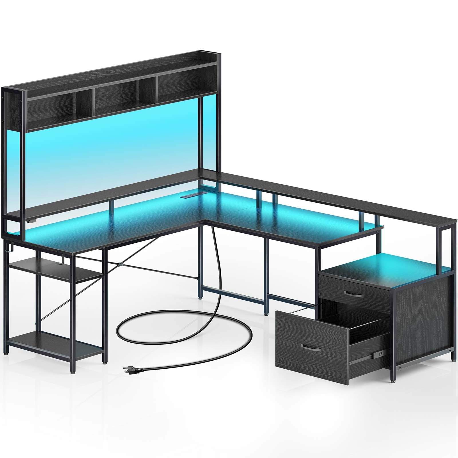 Rolanstar Computer Desk with File Drawers, 99.2" L Shaped Gaming Desk with Hutch, Reversible Desk with Power Outlet, LED Strip & Monitor Stand, 2 Person Home Office Desk, Black