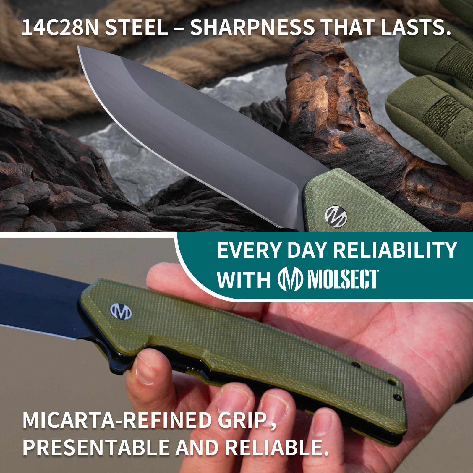 MOLSECT Boulder Pocket Folding Knife, Liner Lock EDC Knives 4.14" 14C28N Blade Green Micarta Handle,Everyday Carry Knife with Clip for Men Women Gift Outdoor