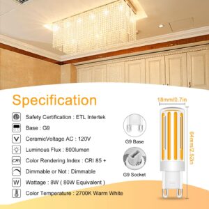 LFLAMPON G9 LED Bulb Dimmable 8W, 60-80 Watt T4 G9 Halogen Equivalent, 2700K Soft Warm White, Ceramic G9 Bi Pin Base, 120V 800LM for Chandelier Ceiling Pendant Lighting(5 PCS)