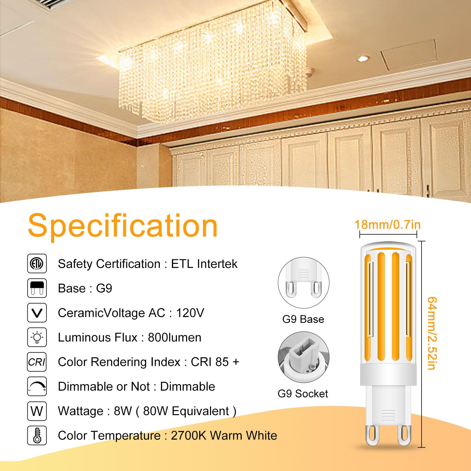 LFLAMPON G9 LED Bulb Dimmable 8W, 60-80 Watt T4 G9 Halogen Equivalent, 2700K Soft Warm White, Ceramic G9 Bi Pin Base, 120V 800LM for Chandelier Ceiling Pendant Lighting(5 PCS)