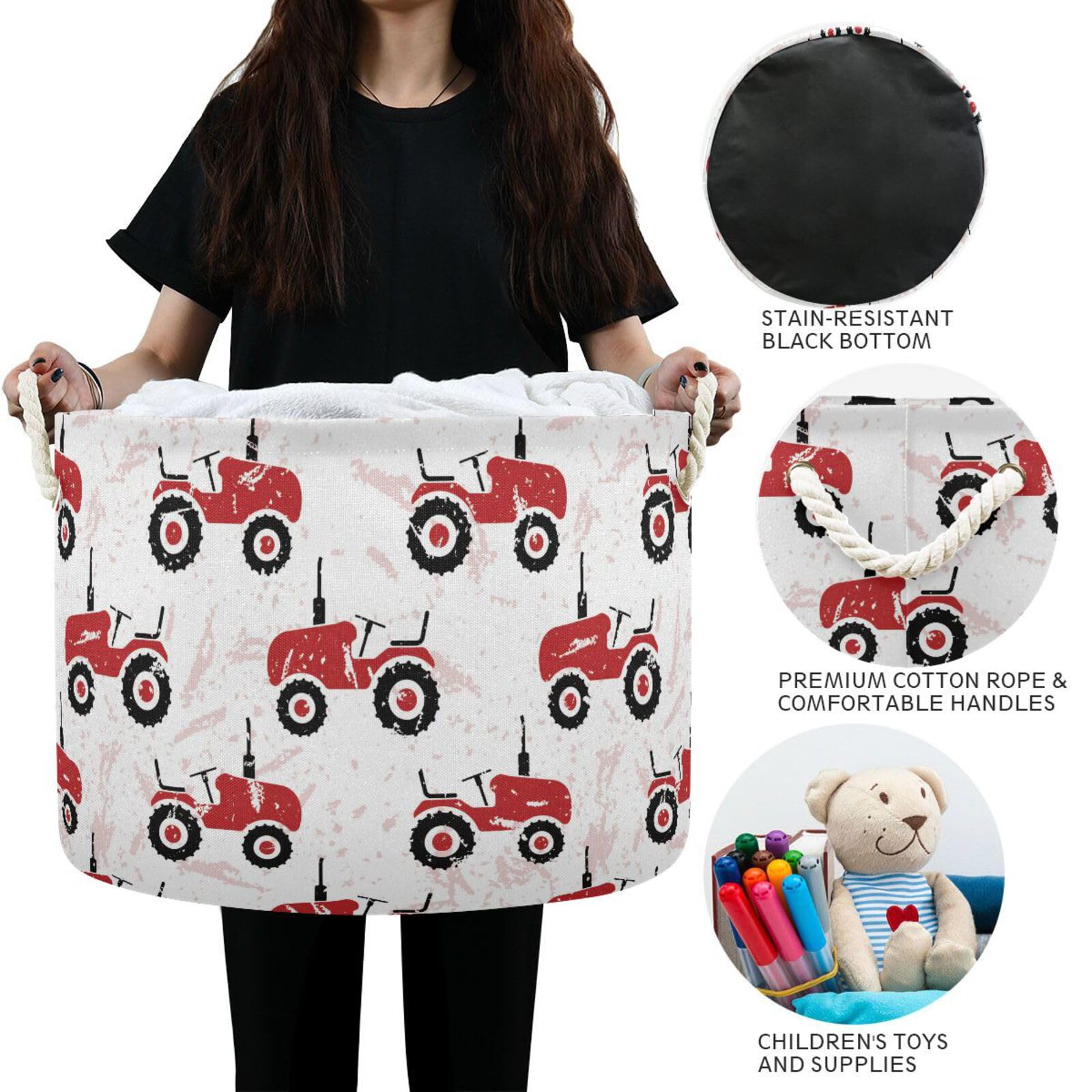 Red Old Wheeled Tractors Round Collapsible Waterproof Storage Bin with Sturdy Handle Decorations for Gift Gift Toys