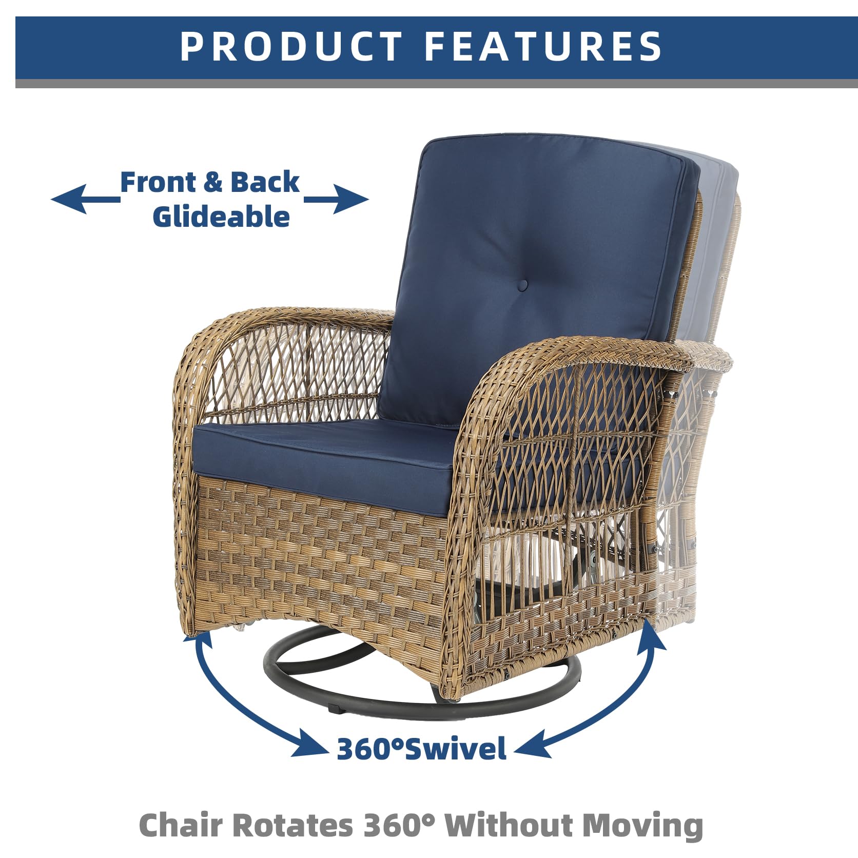 SOCIALCOMFY 3-Piece Patio Wicker Conversation Bistro Set, Rattan Gliding Rocking Swivel Chairs with Cushion and Glass Top Side Table Outdoor Furniture Sets for Garden Backyard, Navy Blue