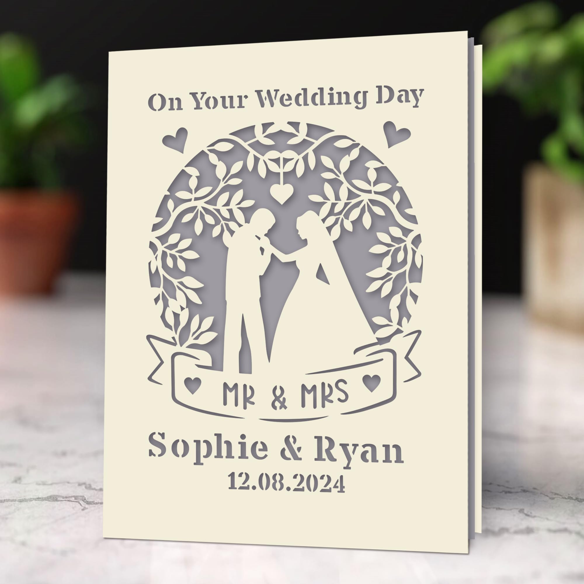 EDSG Personalized Wedding Card Gifts Mr and Mrs Gifts Greeting Cards with Any Name & Date Congratulations Wedding Day Laser Paper Cut Cards for Him Her Bride Groom Wife Husband New Couple(Gray)