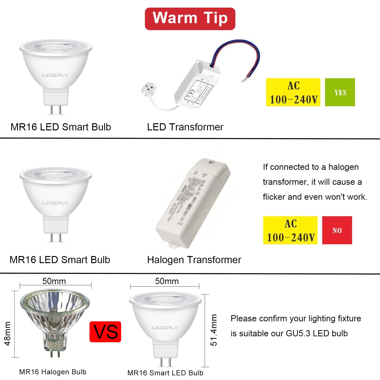 MR16 LED Bulb, 5W=50W, Non-Dimmable, 2700K Warm White, 470LM, AC/DC 12V Spotlight Bulb, GU5.3, No-Flicker, for Landscape, Recessed, Track Lighting, 6 Pack