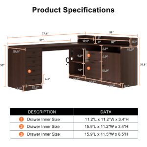 Melidee L Shape Desk - Executive Desk with Drawers and Cabinet Storage, Charging Station & USB Ports - Home Office Computer Desk