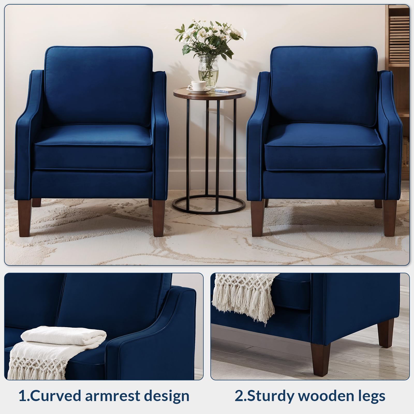 Lighluxstly Upholstered Velvet Modern Accent Chair Comfy Armchair Couch for Bedroom,Indoor Sofa Chair for Living Room,Reading Chair for Office,Apartment,Studio,Navy Blue