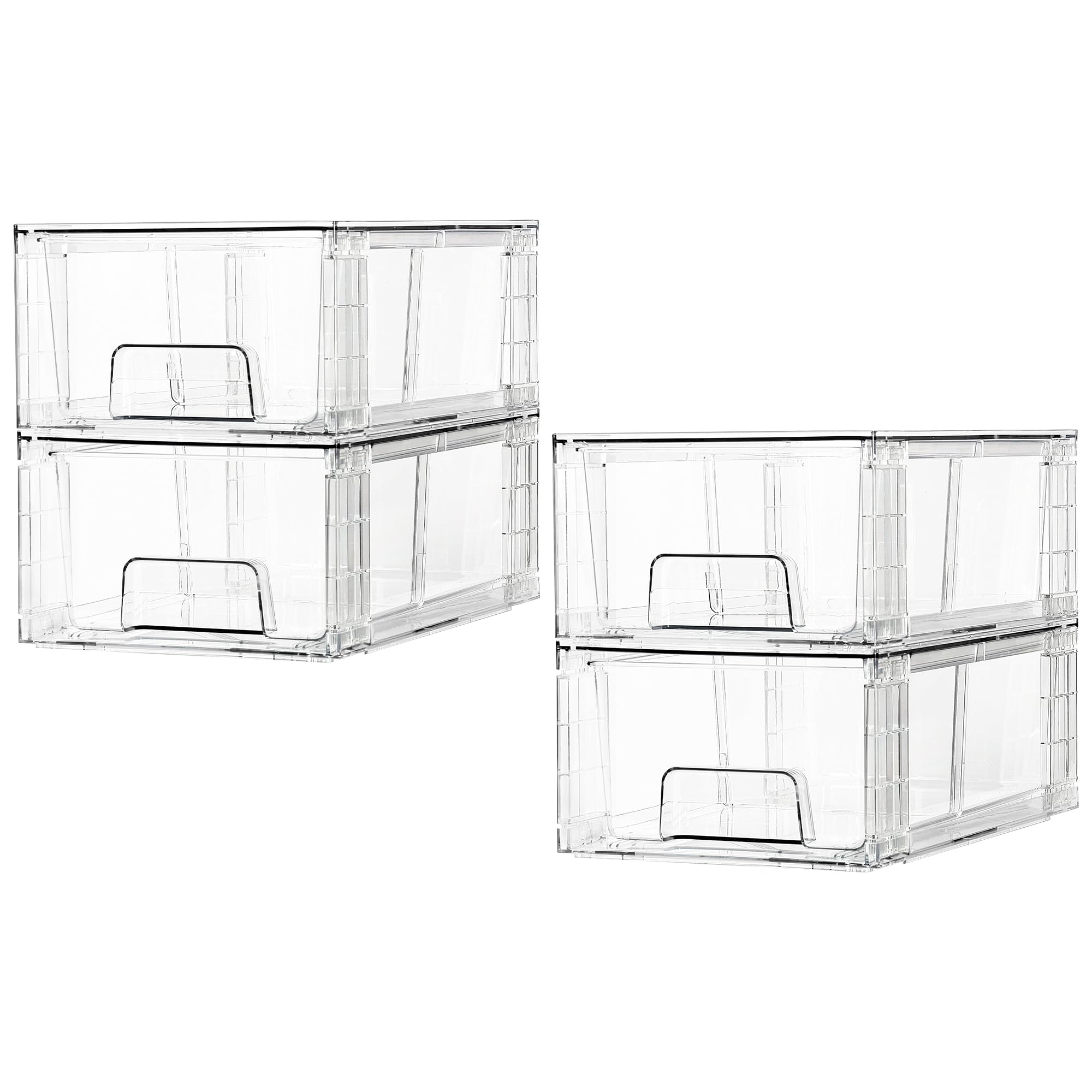 4 Pack Stackable Storage Drawers,Clear Acrylic Drawer Organizers with Handles, Easily Assemble for Fridge, Bathroom,Kitchen Undersink,Cabinet,Pantry organization and Storage