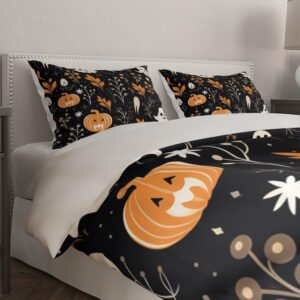 Haunted Halloween Nights Comforter Cover Set - King Size Black Pumpkin Lanterns, Ghosts, and Spider Webs - Spooky Bedding Set for Kids, Boys, Girls - Quilt Cover with 2 Pillowcases