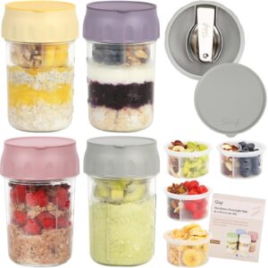 soligt 4 pack overnight oats containers with lids, folding spoons and divided compartments for fruit & nuts, small glass 16oz mason jars for oatmeal yogurt parfait