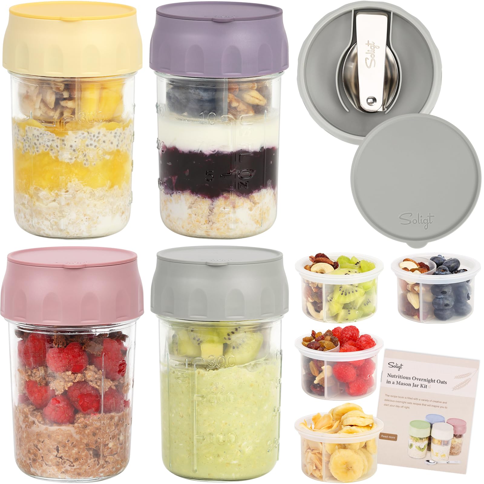 SOLIGT 4 Pack Overnight Oats Containers with Lids, Folding Spoons and Divided Compartments for Fruit & Nuts, Small Glass 16oz Mason Jars for Oatmeal Yogurt Parfait