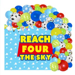 Xrjnfhi Cartoon Story 4th Birthday Party Supplies Reach Four The Sky Birthday Decorations include Balloon Arch kits Backdrop Banner Cake Cupcake Toppers Tablecloth for Boys Girls 4th Bday Decor