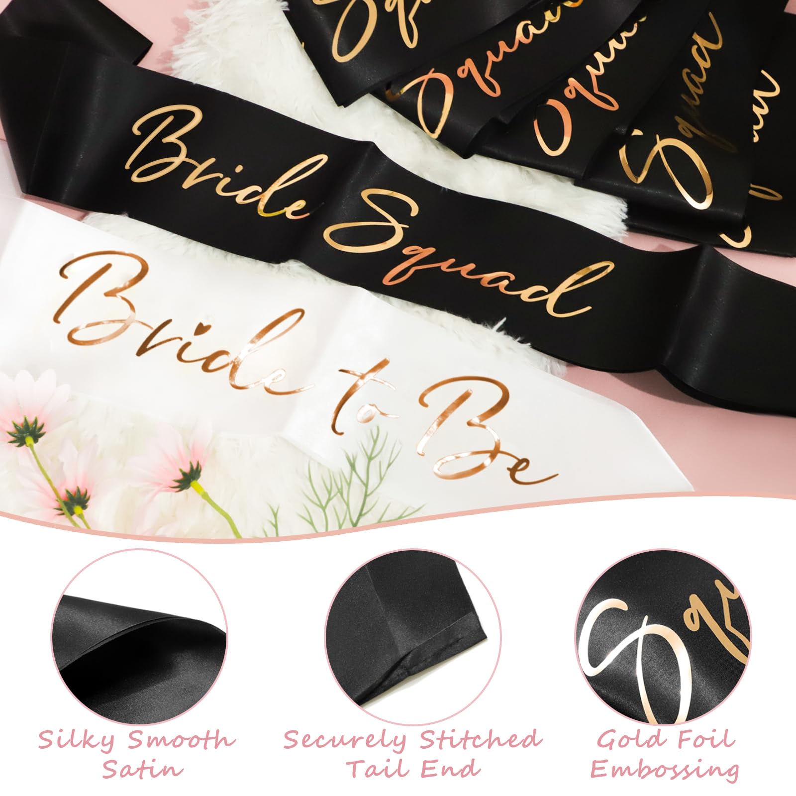 7-Pack Bride Sash Set - Bride to Be Bridesmaids Bachelorette Party Sash Accessories Bridal Shower Decorations Bachelorette Outfit for Bride（White and Black)