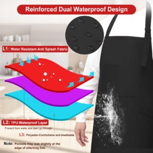 SHEOMERN 3 Pcs Dual Waterproof Oilproof Kitchen Chef Aprons with 4 Pockets for Men Women, Adjustable Soft Anti-Tear Cooking Bib Apron for Baking Grilling BBQ Painting Cleaning (Black)