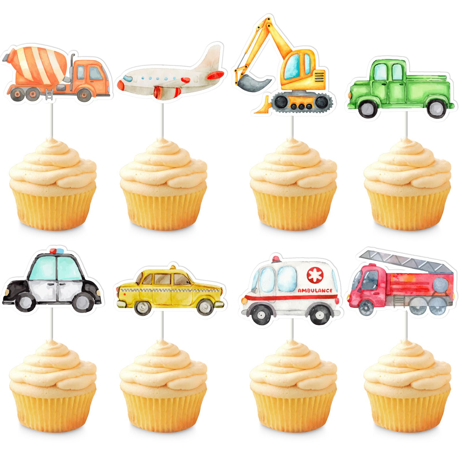 Kreatwow Transportation Cupcake Toppers 32 Pcs Watercolor Fire Engine Ambulance Taxi Airplane Construction Trucks Airplane Police Car Cupcake Picks Transportation Birthday Party Baby Shower Supplies