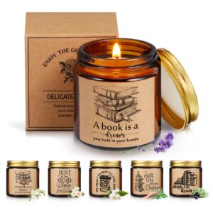 mtlee 6 pcs christmas book lover gifts 3.5 oz book scented candle library rustic bookshelf sign soy wax jar for readers writers club decorations team gifts for employees teacher office (brown)