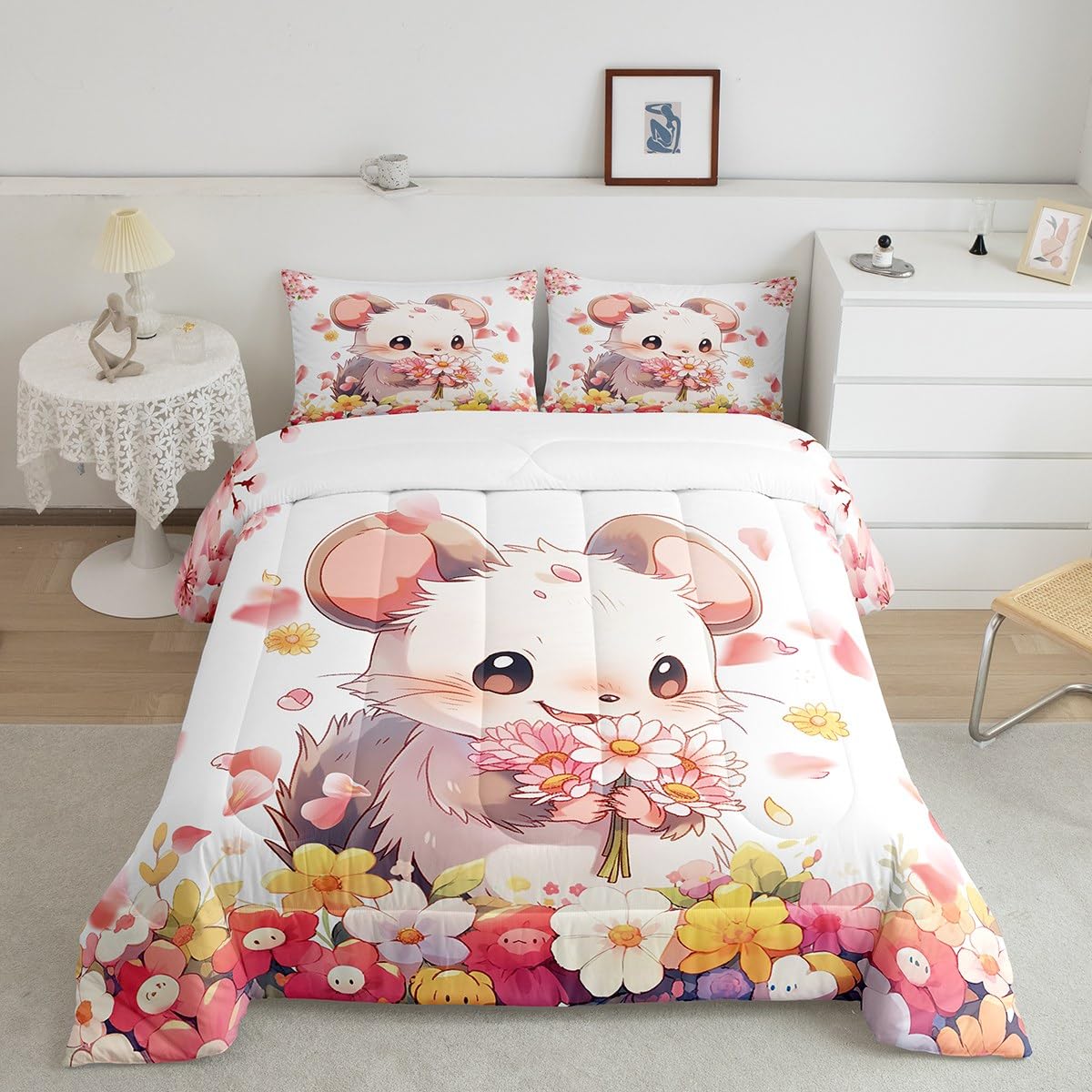 Erosebridal Cartoon Hamster Comforter Set for Girls Boys Children Cute Pet Animal Bedding 2 Pieces Lovely Rodent Animal Bedding Comforter Sets Pet Mouse Pattern Duvet Set Twin Size