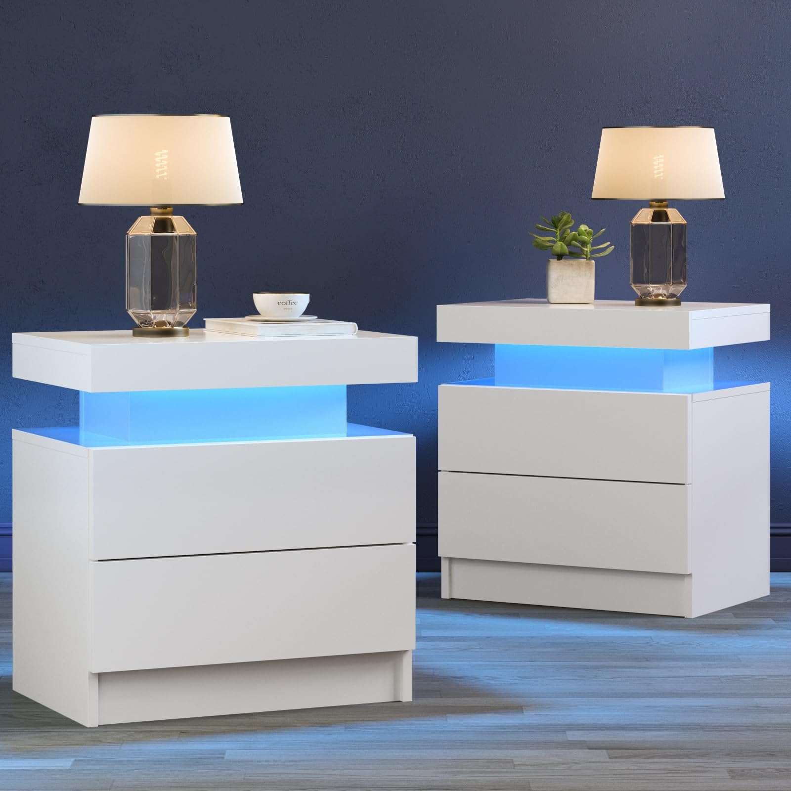 Cubehom White Nightstand Set of 2 LED Night Stand for Bedroom White Modern LED Bedside Table with 2 Drawers End Side Table