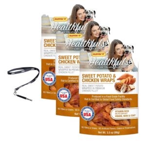 moofin chicken wrapped sweet potato dog treats, 3.5 oz. - healthy dog treats, bundle with ss pet training whistle, nutritious chicken breast & rich sweet potatoes training treats [pack of 3]