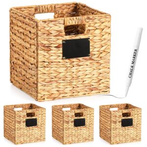 nitial 4 pcs wicker storage basket, rectangular water hyacinth storage baskets for shelving, foldable woven pantry organizer with chalkboard label and chalk marker(natural,12 x 12 x 12 inch)