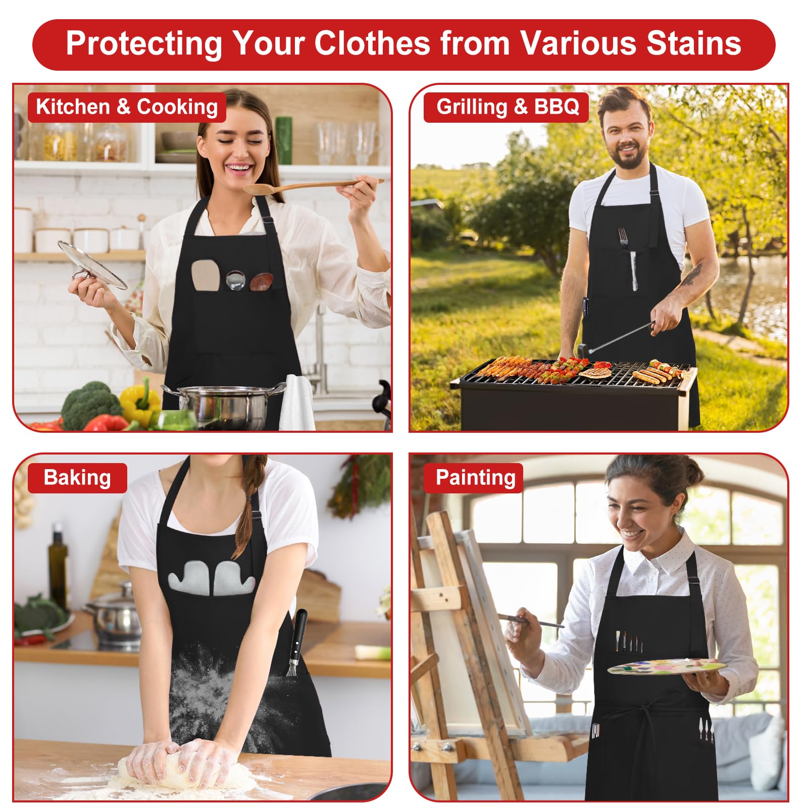 SHEOMERN 3 Pcs Dual Waterproof Oilproof Kitchen Chef Aprons with 4 Pockets for Men Women, Adjustable Soft Anti-Tear Cooking Bib Apron for Baking Grilling BBQ Painting Cleaning (Black)