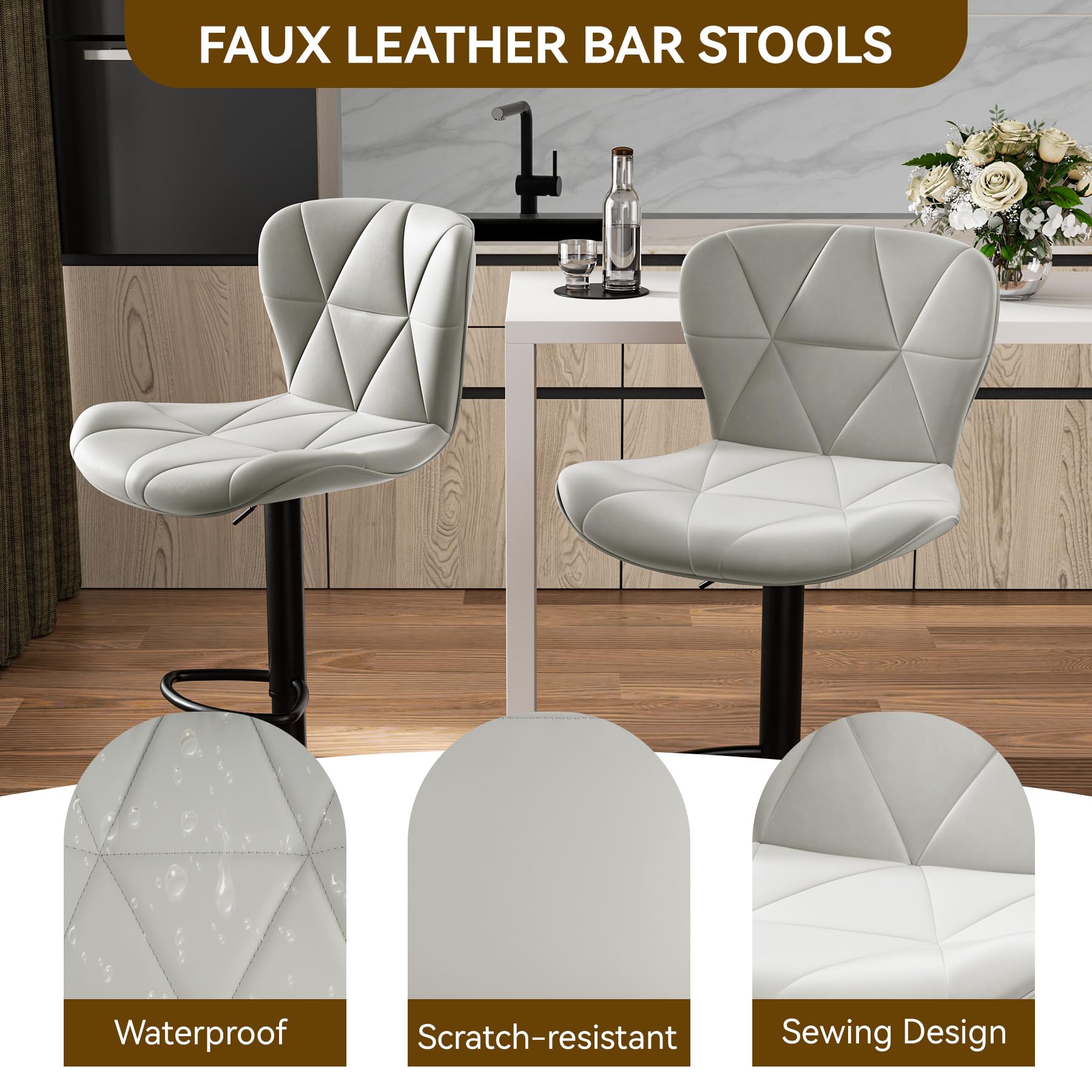 Nalupatio Modern Bar Stools Set of 2, Adjustable Faux Leather Upholstered Swivel Bar Stools, Counter Height Bar Chairs with Back for Kitchen Island, Light Grey