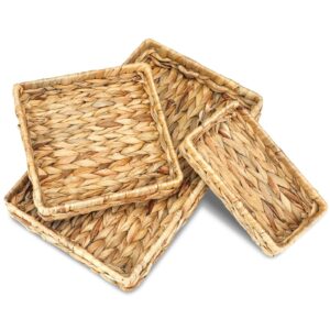 yoande 3 pieces woven seagrass tray rectangular rustic wicker serving baskets water hyacinth decorative storage trays for tea, vegetable, arts and crafts organizing bathroom tabletop kitchen counter