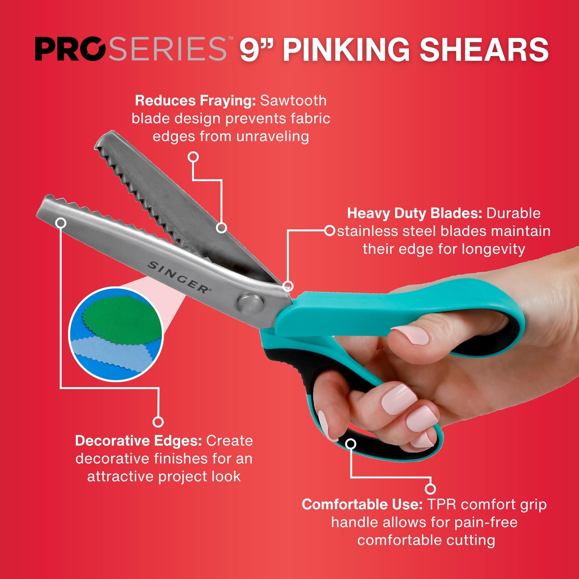 SINGER ProSeries 9" Pinking Shears - Heavy-Duty Stainless Steel - Zigzag Cut for No-Fray Fabric, Sewing & Craft Edging