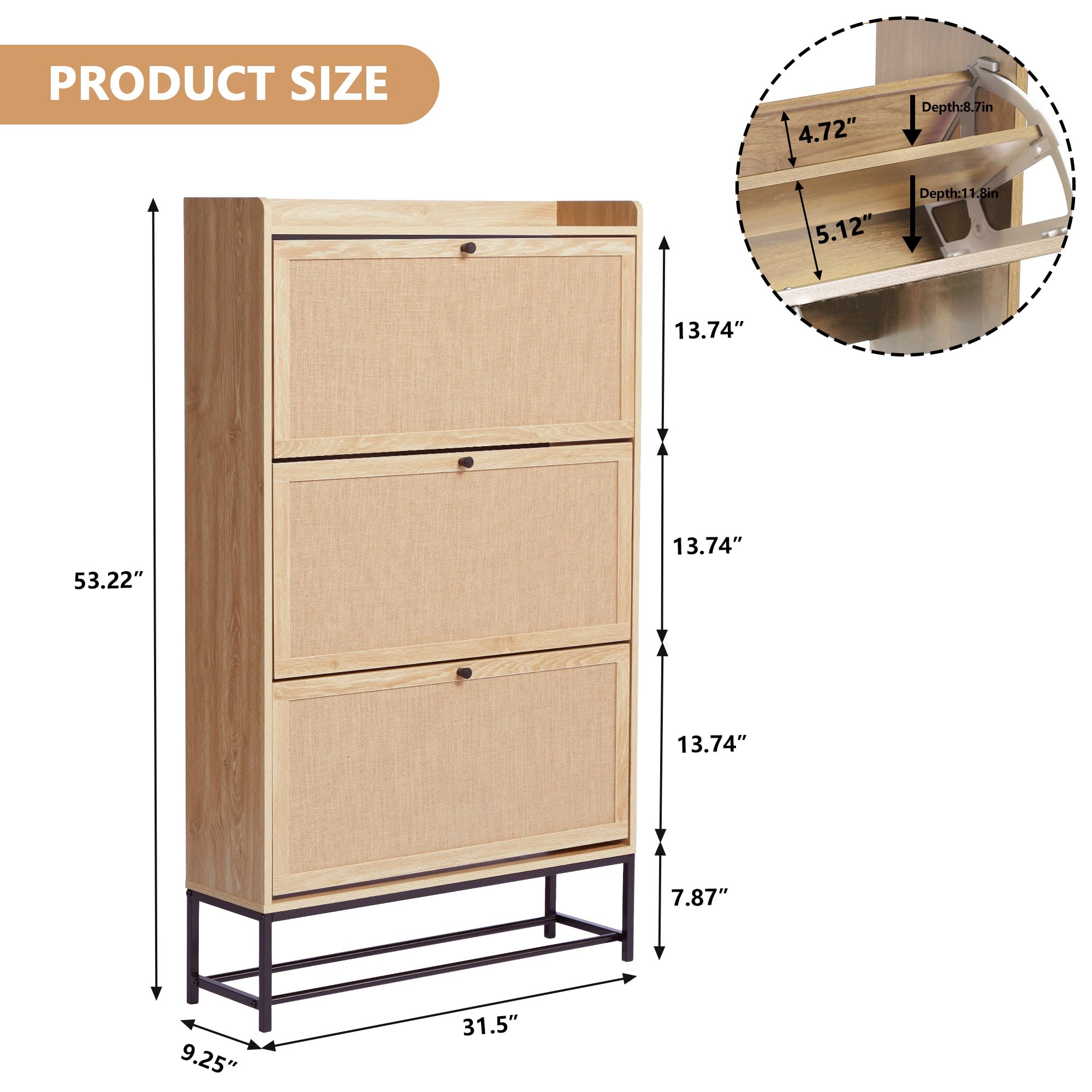 AVZEAR Narrow Shoe Storage Cabinet with 3 Flip Drawers, Freestanding Shoe Organizer Wooden Closed Shoe Rack, Slim Shoe Cabinet Storage for Entryway, Hallway, Living Room (Natural)