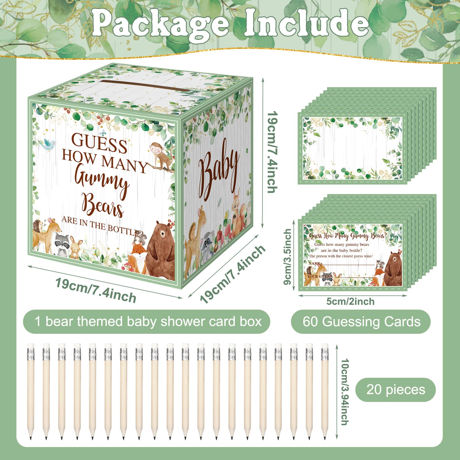 TrelaCo 82 Pcs Guess How Many Bears Baby Shower Game 1 Woodland Game Box 1 Baby Bottle 60 Guessing Cards 20 HB Pencils for Baby Shower Favors Games Gender Reveal