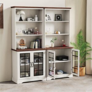 Bevfint 72" Tall Bookcase, White and Brown Design Large Floor Standing Bookshelf, 5 Tier Shelves with Door Storage Cabinet for Living Room Hallway Kitchen Home Office Bedroom, with Glass Door - 5 Tier