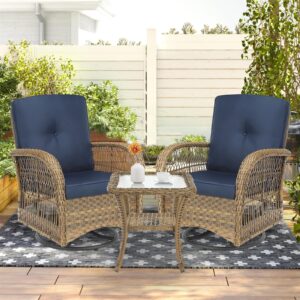 socialcomfy 3-piece patio wicker conversation bistro set, rattan gliding rocking swivel chairs with cushion and glass top side table outdoor furniture sets for garden backyard, navy blue