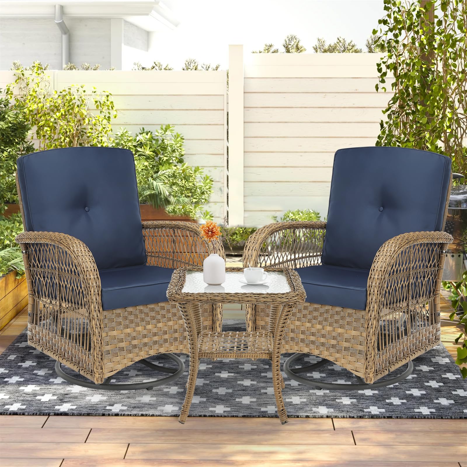 SOCIALCOMFY 3-Piece Patio Wicker Conversation Bistro Set, Rattan Gliding Rocking Swivel Chairs with Cushion and Glass Top Side Table Outdoor Furniture Sets for Garden Backyard, Navy Blue