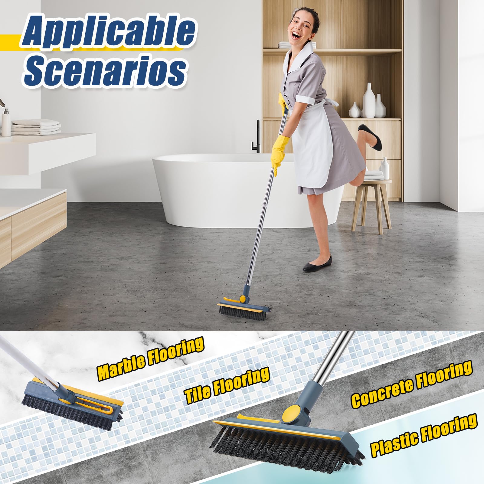 Singhoow 3 in 1 Floor Scrub Brush with Long Handle 44.5'' Cleaning Brush Stiff Bristle Brush Mop Swivel Head Brush Broom Floor Brush Scrubber for Cleaning Patio Bathroom Garage Kitchen (Dark Blue)