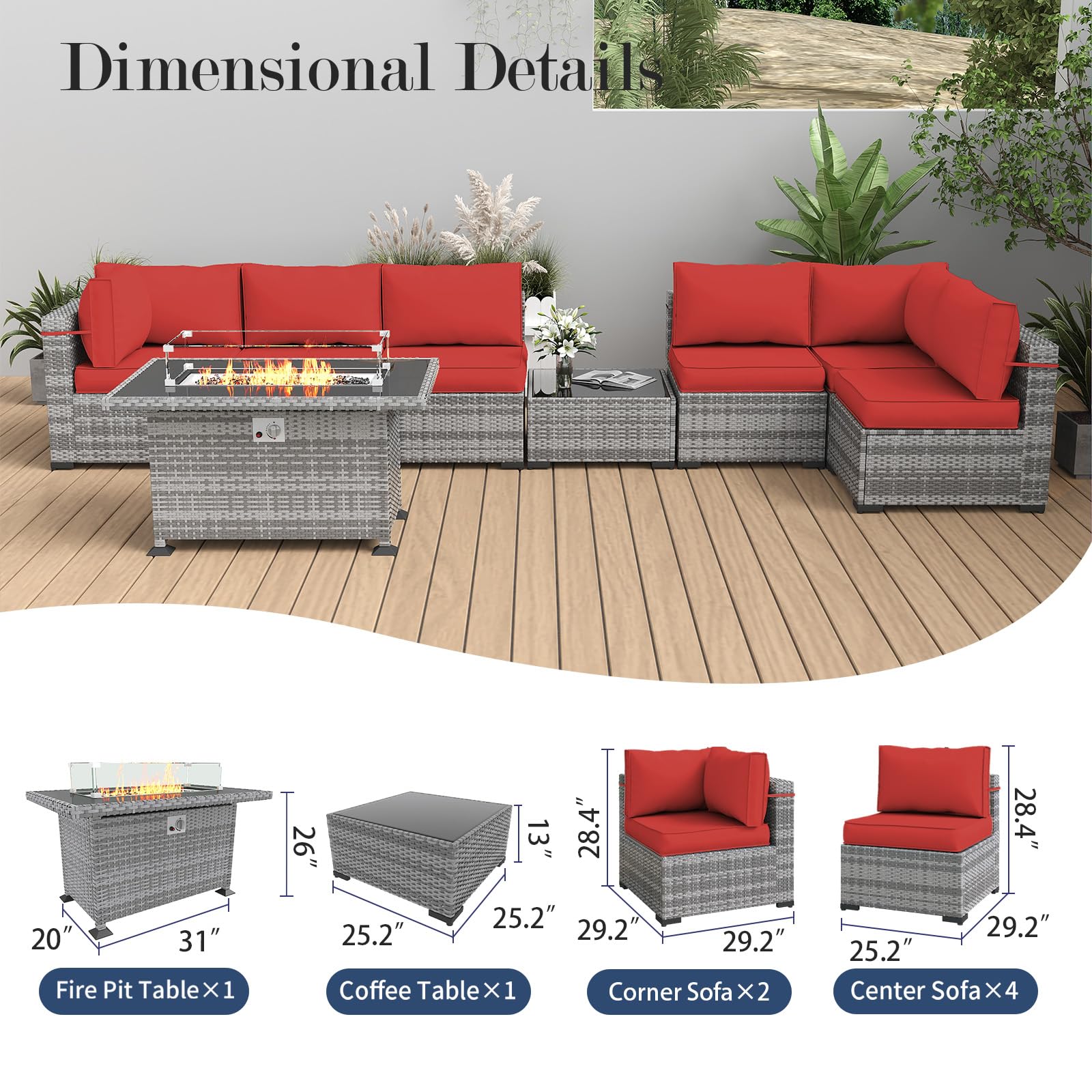 Amopatio Patio Furniture with Fire Pit, Outdoor Patio Furniture Wicker Furniture, 8 Pieces Outdoor Sectional Sofa with Patio Furniture Cover, 44" Gas Fire Pit Table (Light Red)