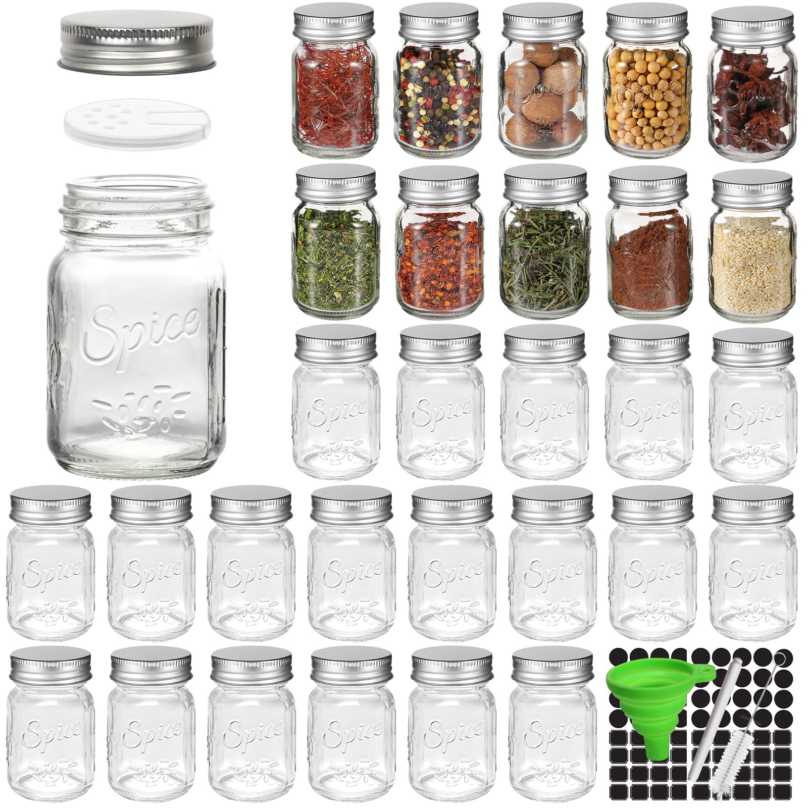 CycleMore 30 Pack 4oz Glass Mason Spice Jars, Round Spice Containers with Silver Metal Caps and Pour/Sift Shaker Lids-80pcs Labels,1pcs Silicone Collapsible Funnel,1pcs Brush and 1pcs Pen Included